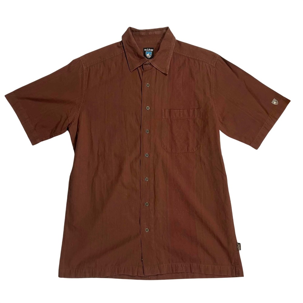 Kuhl Mens Small Short Sleeve Button Up Shirt Brown Organic Cotton Embroidered